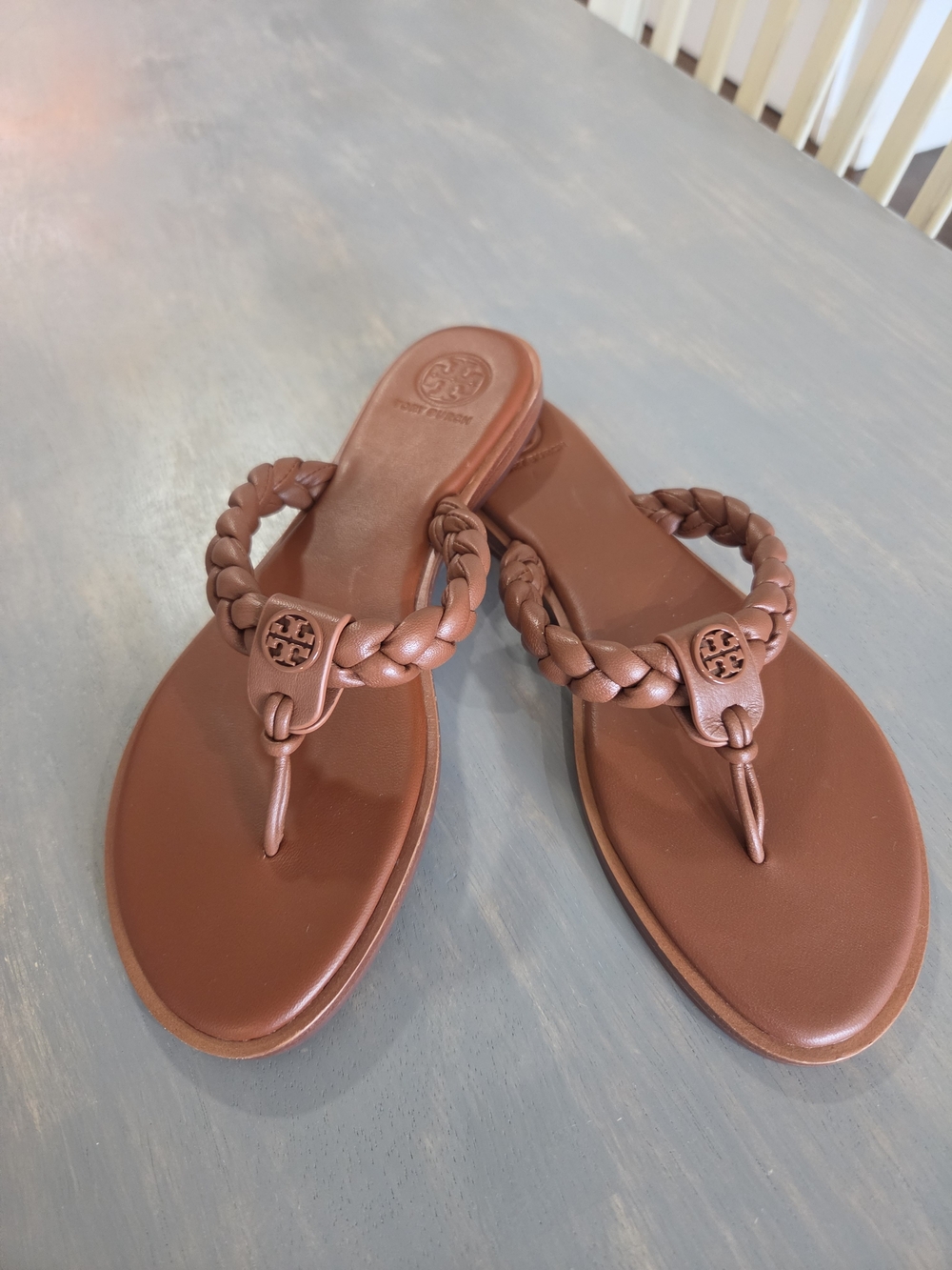 Tory Burch Brown Braided Leather Thong Sandals with Logo